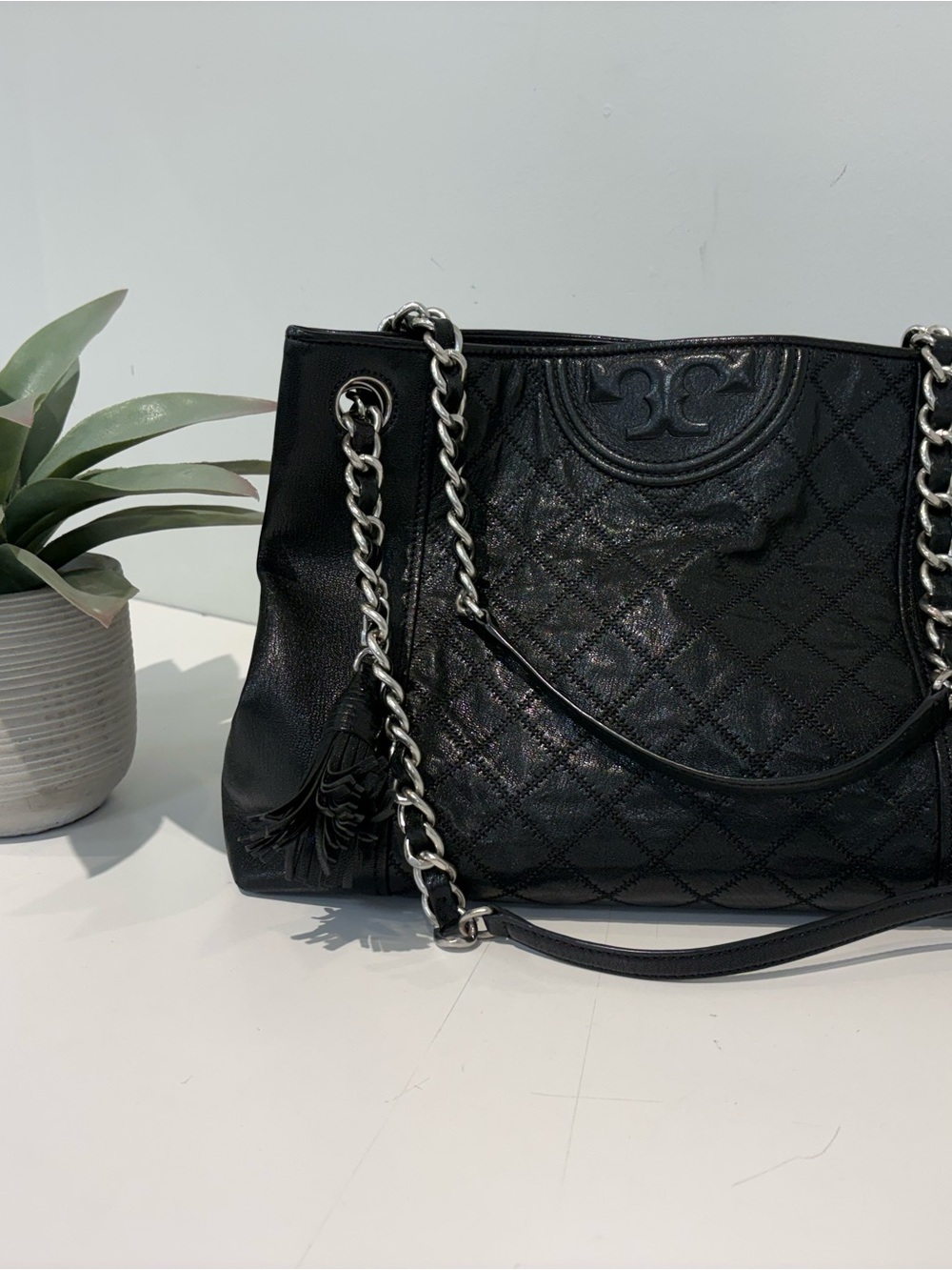 Tory Burch- Fleming Black Quilted Leather Chain-Handle Tote